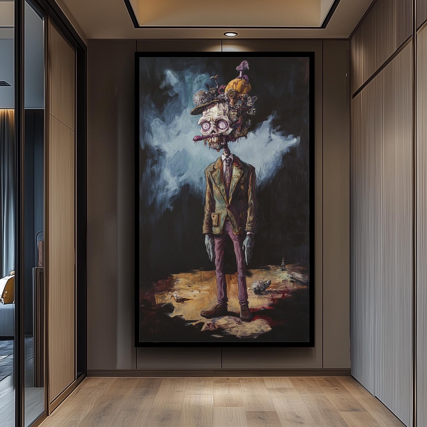 Creepy Surreal Zombie Gentleman Wall Art with Mushrooms and Trash Pile Head | Dark Fantasy Undead Character Painting for Horror Decor