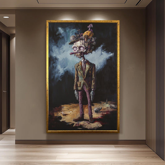 Creepy Surreal Zombie Gentleman Wall Art with Mushrooms and Trash Pile Head | Dark Fantasy Undead Character Painting for Horror Decor