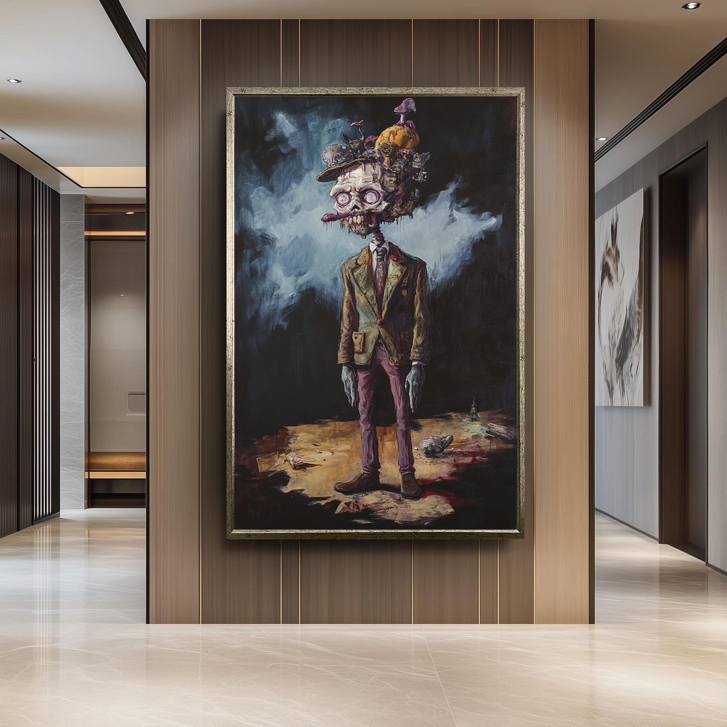 Creepy Surreal Zombie Gentleman Wall Art with Mushrooms and Trash Pile Head | Dark Fantasy Undead Character Painting for Horror Decor