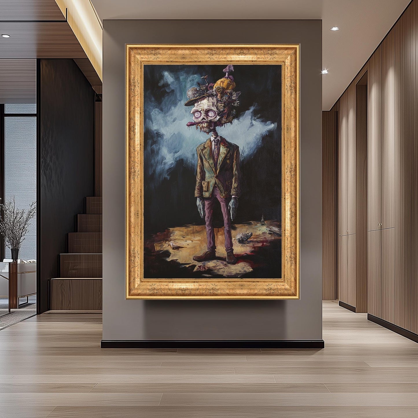 Creepy Surreal Zombie Gentleman Wall Art with Mushrooms and Trash Pile Head | Dark Fantasy Undead Character Painting for Horror Decor