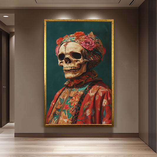 Surreal Skull Portrait Art in Vibrant Floral Clothing and Headwrap | Colorful Day of the Dead Inspired Skeleton Painting Print, Skull Art
