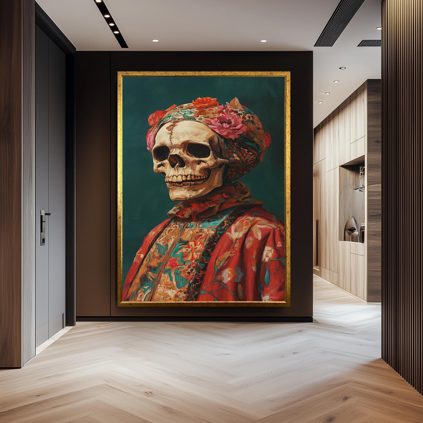 Surreal Skull Portrait Art in Vibrant Floral Clothing and Headwrap | Colorful Day of the Dead Inspired Skeleton Painting Print, Skull Art