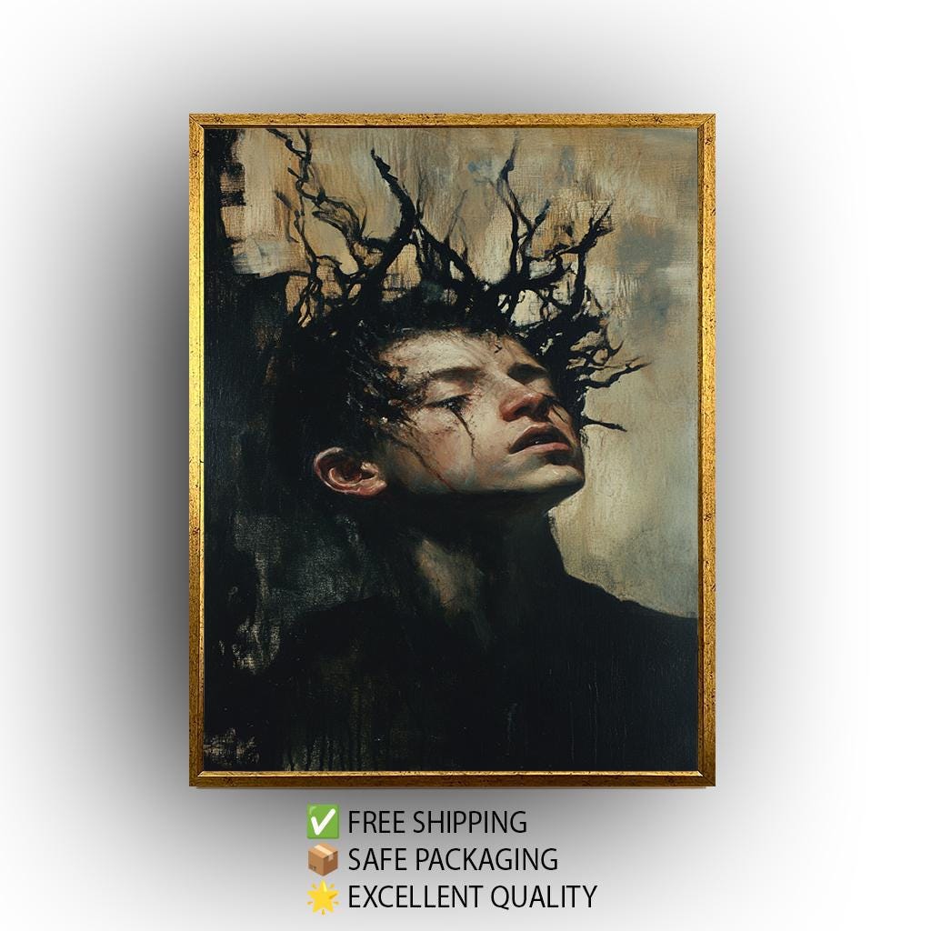 Dark Surreal Boy Portrait: Expressionist Fantasy Painting Print