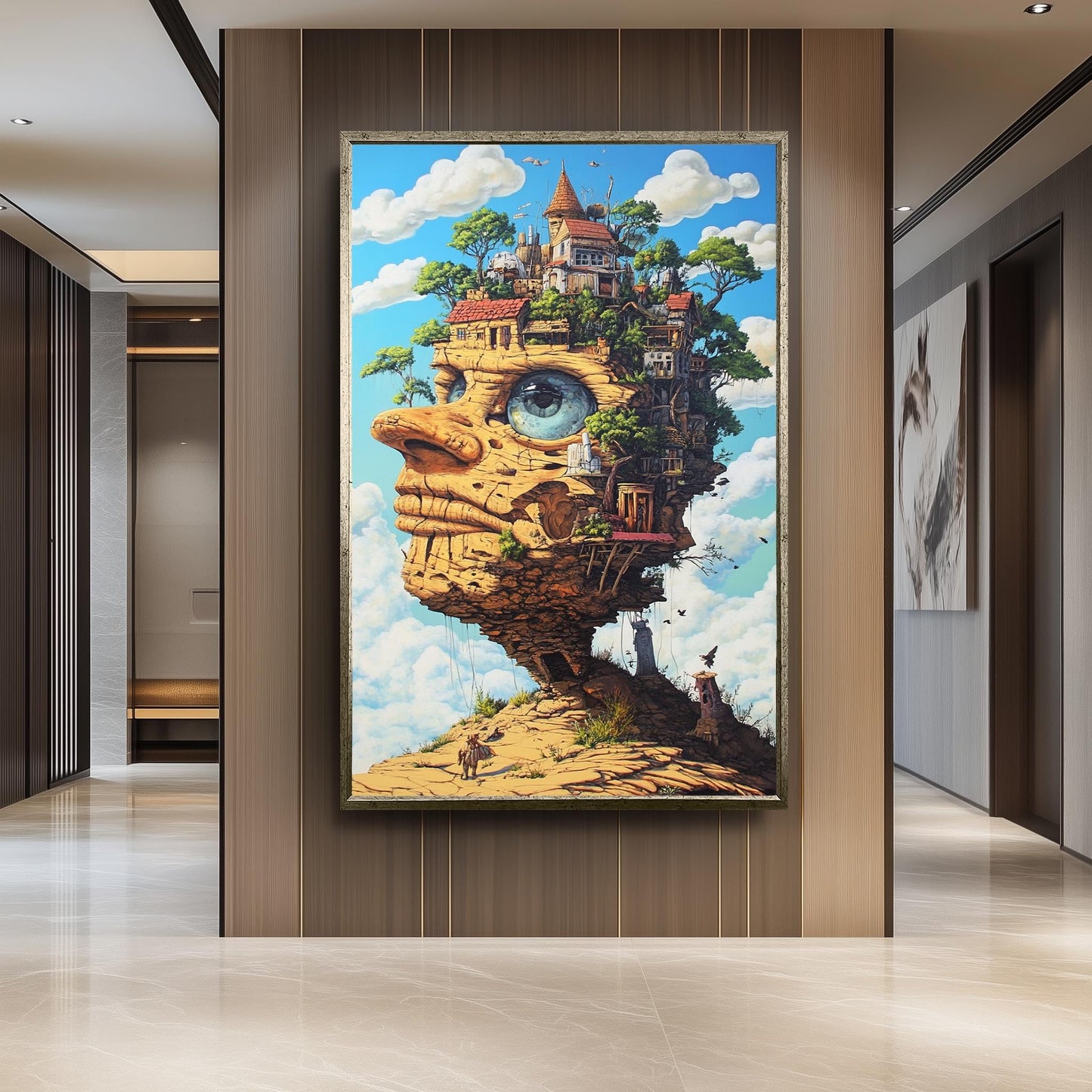 Surreal Stone Face Canvas Art: Fantasy Architecture Landscape Print
