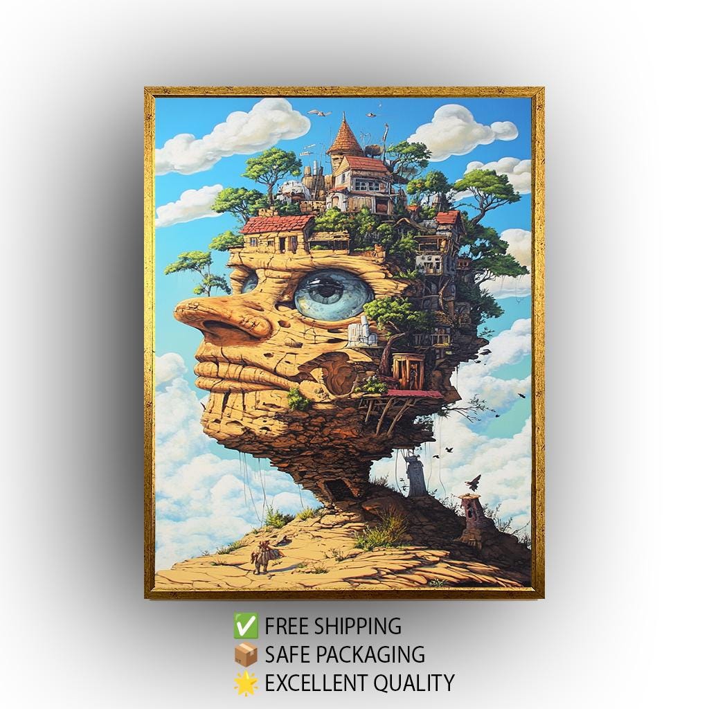 Surreal Stone Face Canvas Art: Fantasy Architecture Landscape Print