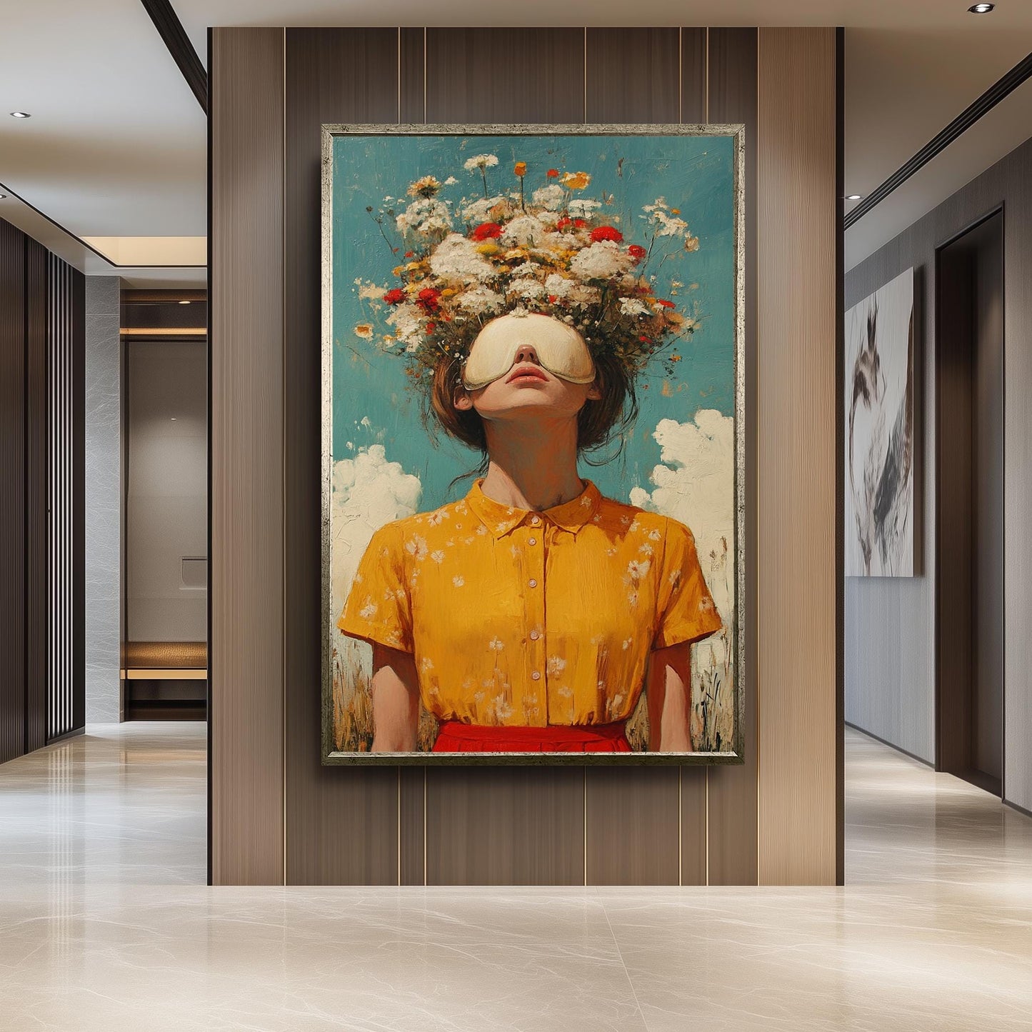 Surreal Whimsical Wall Art of Woman in Yellow Dress with Eye Mask and Blooming Flowers for Hair | Dreamy Floral Fantasy Portrait Print