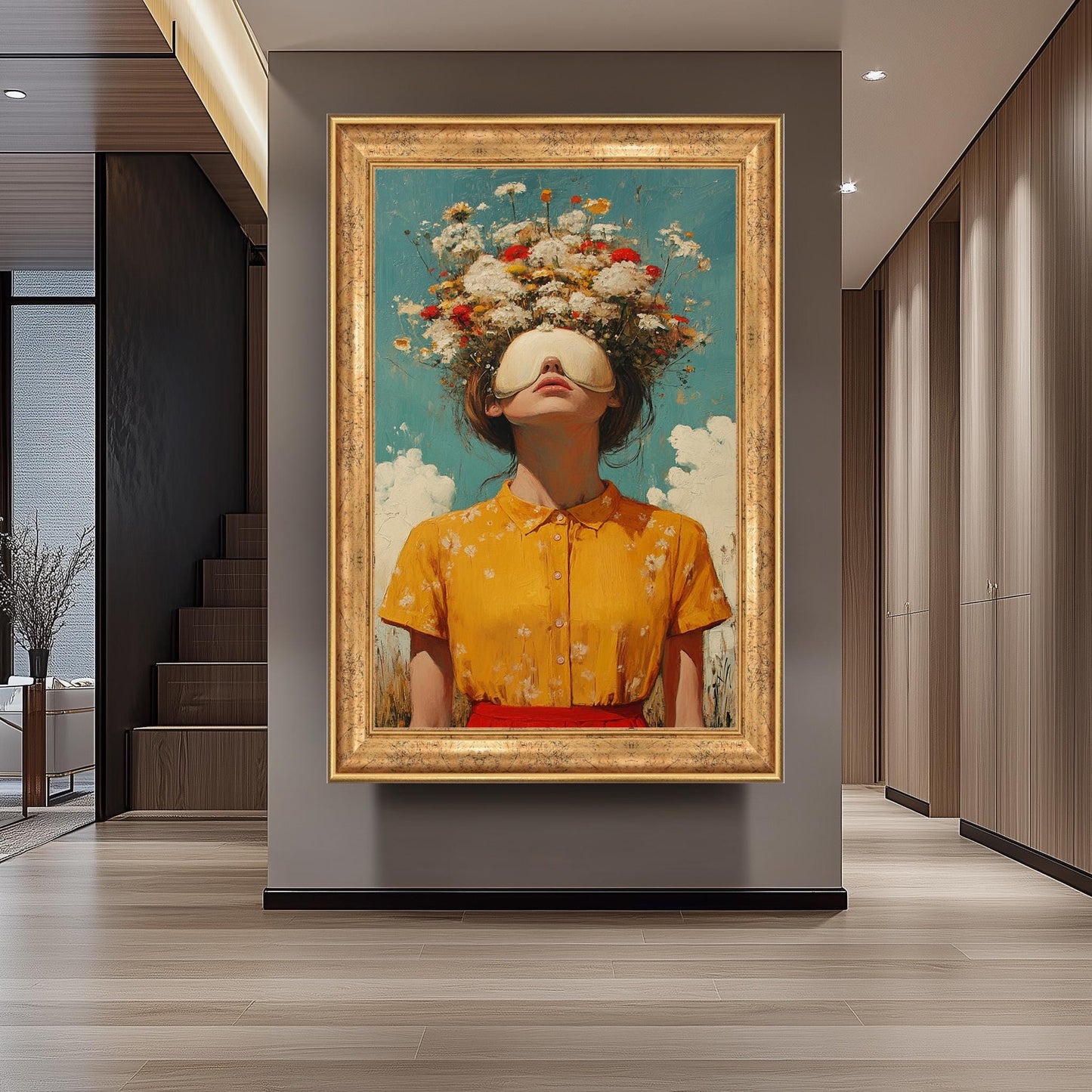 Surreal Whimsical Wall Art of Woman in Yellow Dress with Eye Mask and Blooming Flowers for Hair | Dreamy Floral Fantasy Portrait Print