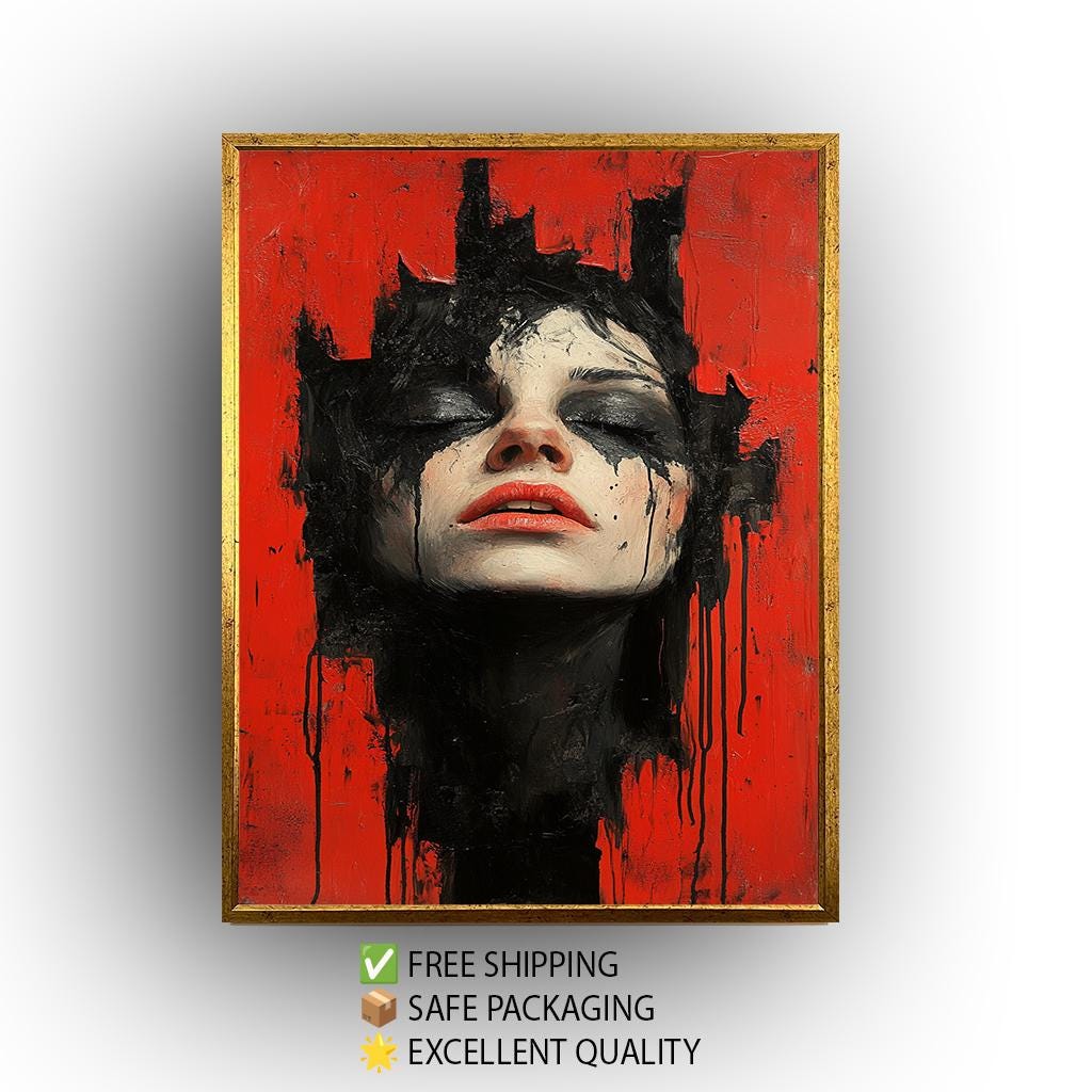 Dark Surreal Portrait Wall Art of Woman with Black Paint Tears on Red Background | Emotional Gothic Expressionist Painting Print, Dark Print