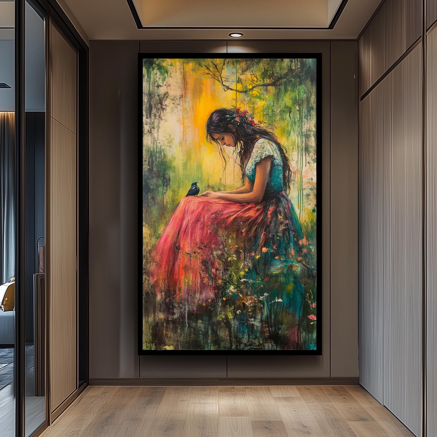 Romantic Nature Wall Art of Woman Sitting with Bird in Vibrant Forest Setting | Dreamy Impressionist Painting with Soft Light and Florals