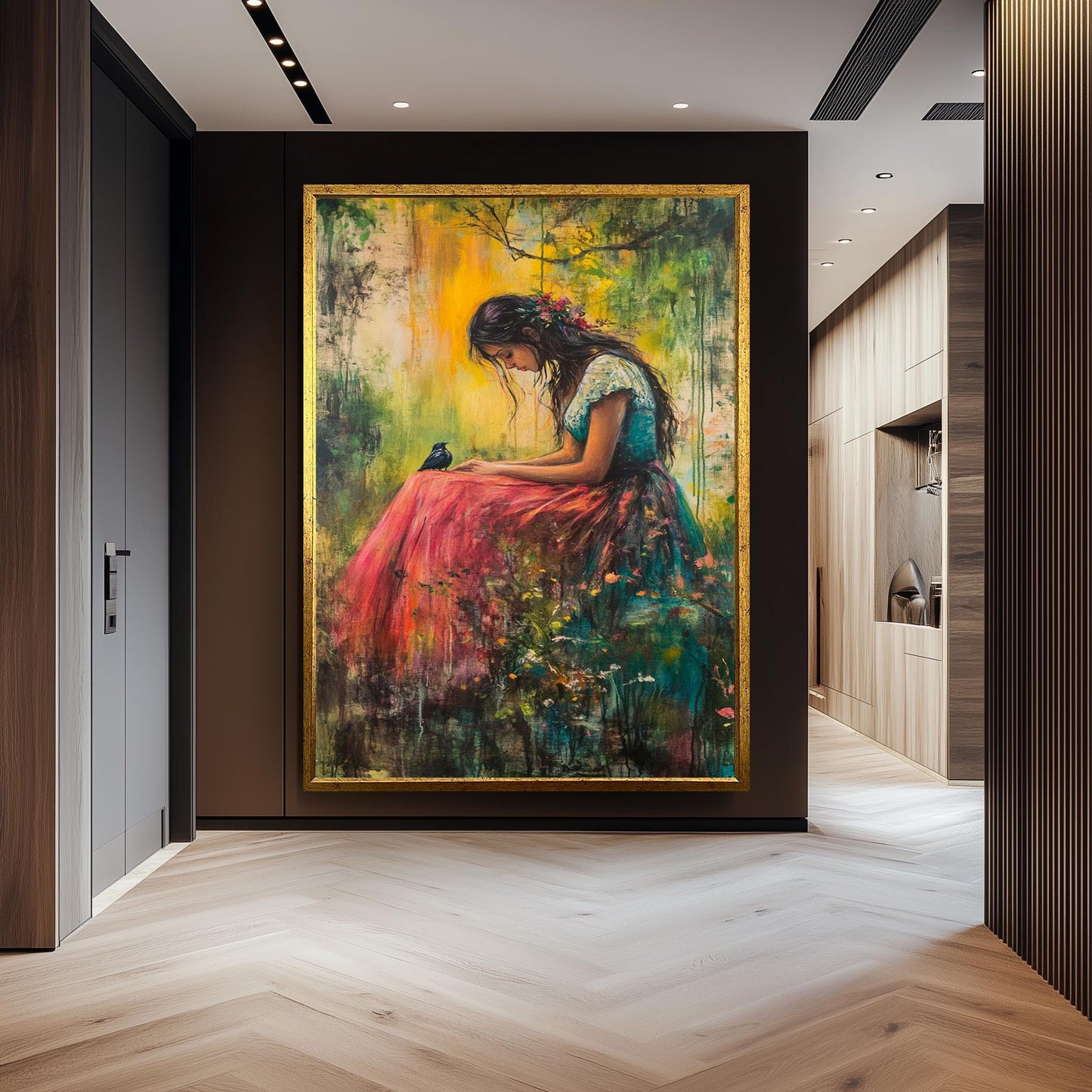 Romantic Nature Wall Art of Woman Sitting with Bird in Vibrant Forest Setting | Dreamy Impressionist Painting with Soft Light and Florals