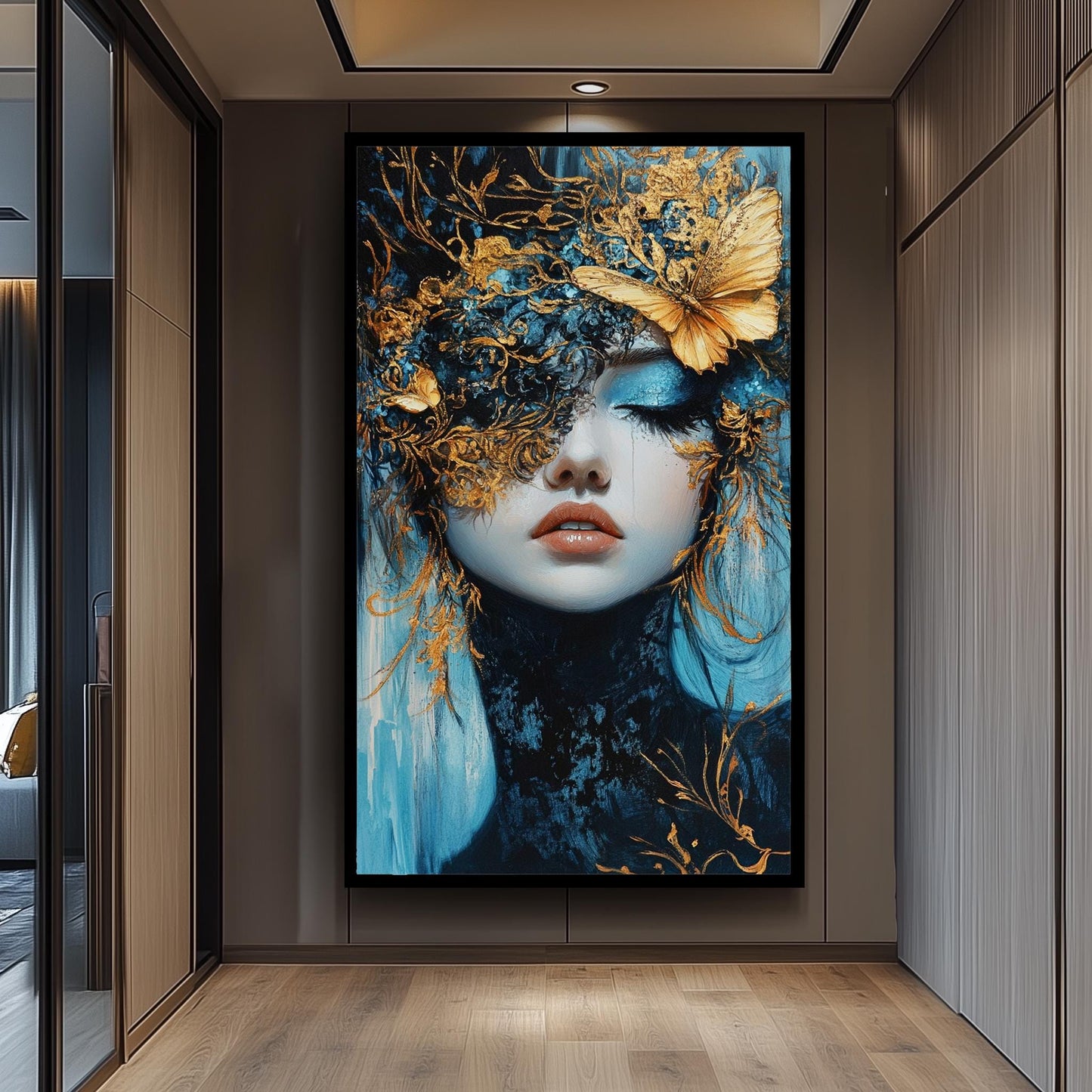 Elegant Surreal Wall Art of Woman with Gold Butterfly Mask and Blue Tones | Fantasy Portrait with Luxe Metallic Accents and Dreamlike Beauty