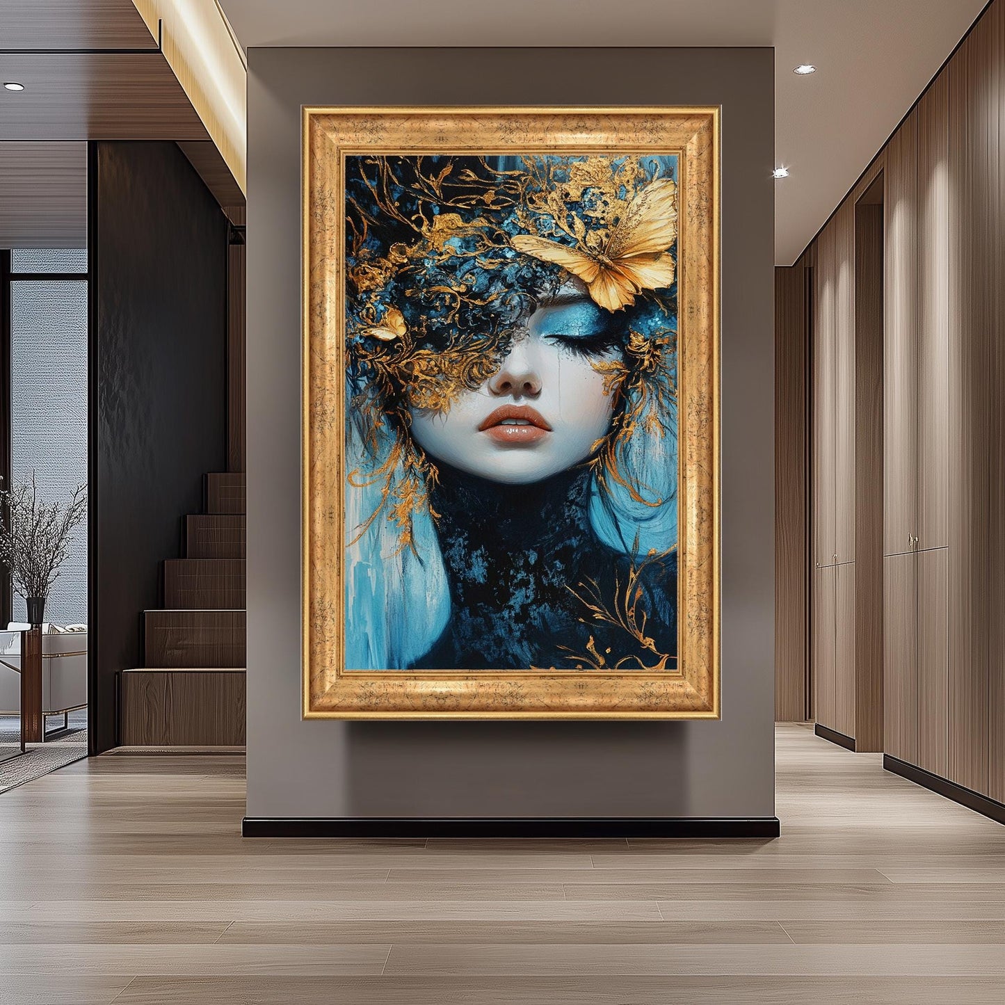 Elegant Surreal Wall Art of Woman with Gold Butterfly Mask and Blue Tones | Fantasy Portrait with Luxe Metallic Accents and Dreamlike Beauty