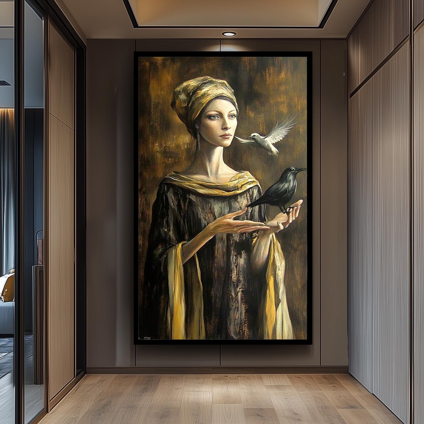 Mystical Woman Wall Art in Golden Robe with Crow and Dove | Surreal Fantasy Portrait with Symbolic Birds and Renaissance Elegance, Woman Art