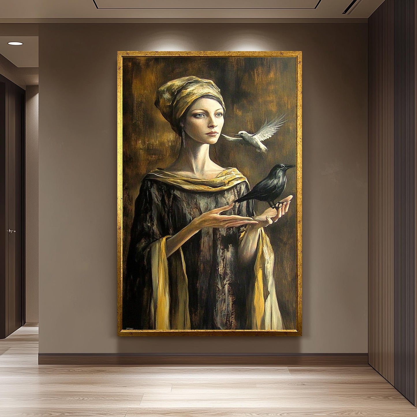 Mystical Woman Wall Art in Golden Robe with Crow and Dove | Surreal Fantasy Portrait with Symbolic Birds and Renaissance Elegance, Woman Art
