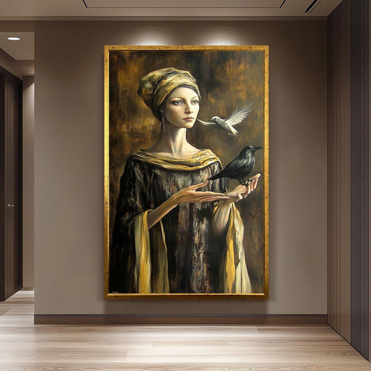 Mystical Woman Wall Art in Golden Robe with Crow and Dove | Surreal Fantasy Portrait with Symbolic Birds and Renaissance Elegance, Woman Art