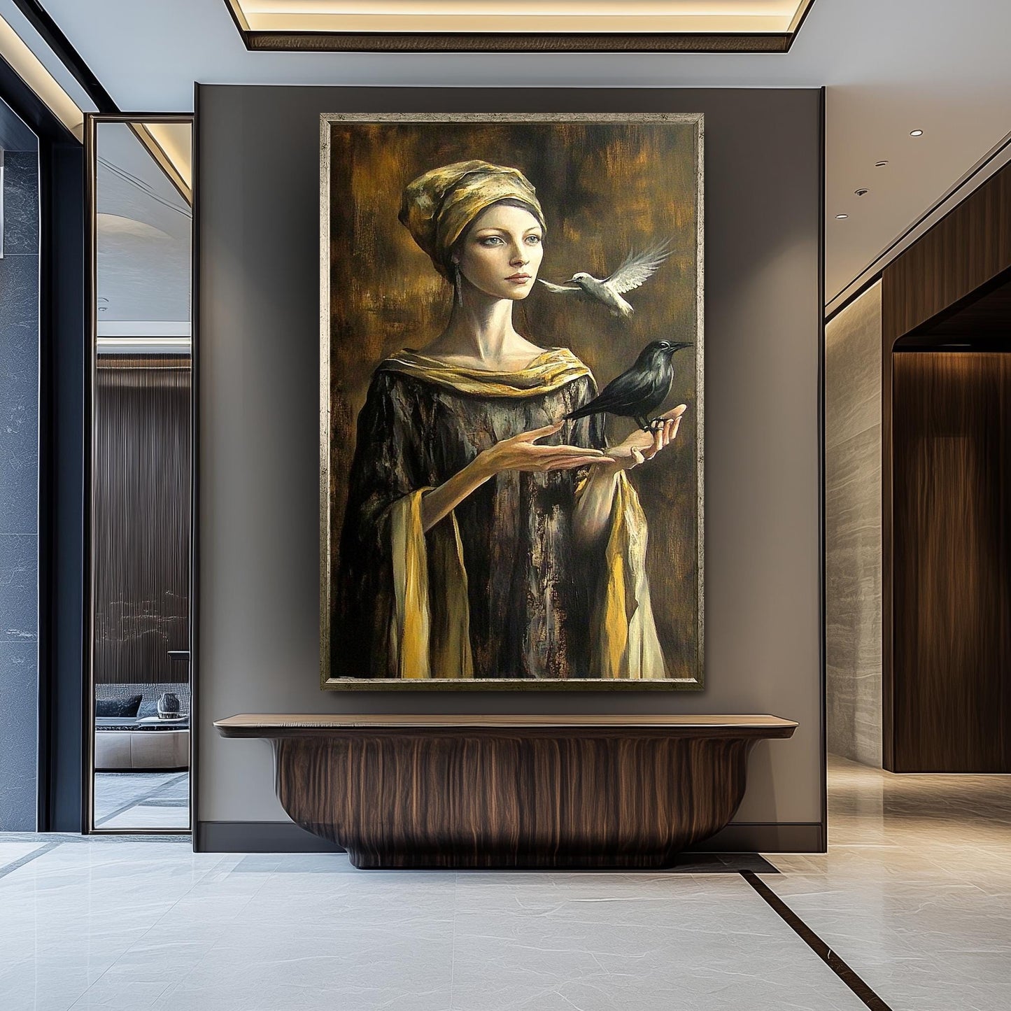 Mystical Woman Wall Art in Golden Robe with Crow and Dove | Surreal Fantasy Portrait with Symbolic Birds and Renaissance Elegance, Woman Art