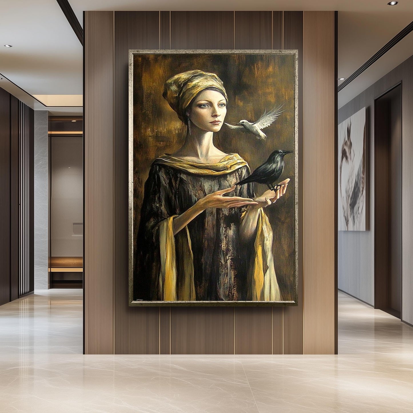 Mystical Woman Wall Art in Golden Robe with Crow and Dove | Surreal Fantasy Portrait with Symbolic Birds and Renaissance Elegance, Woman Art