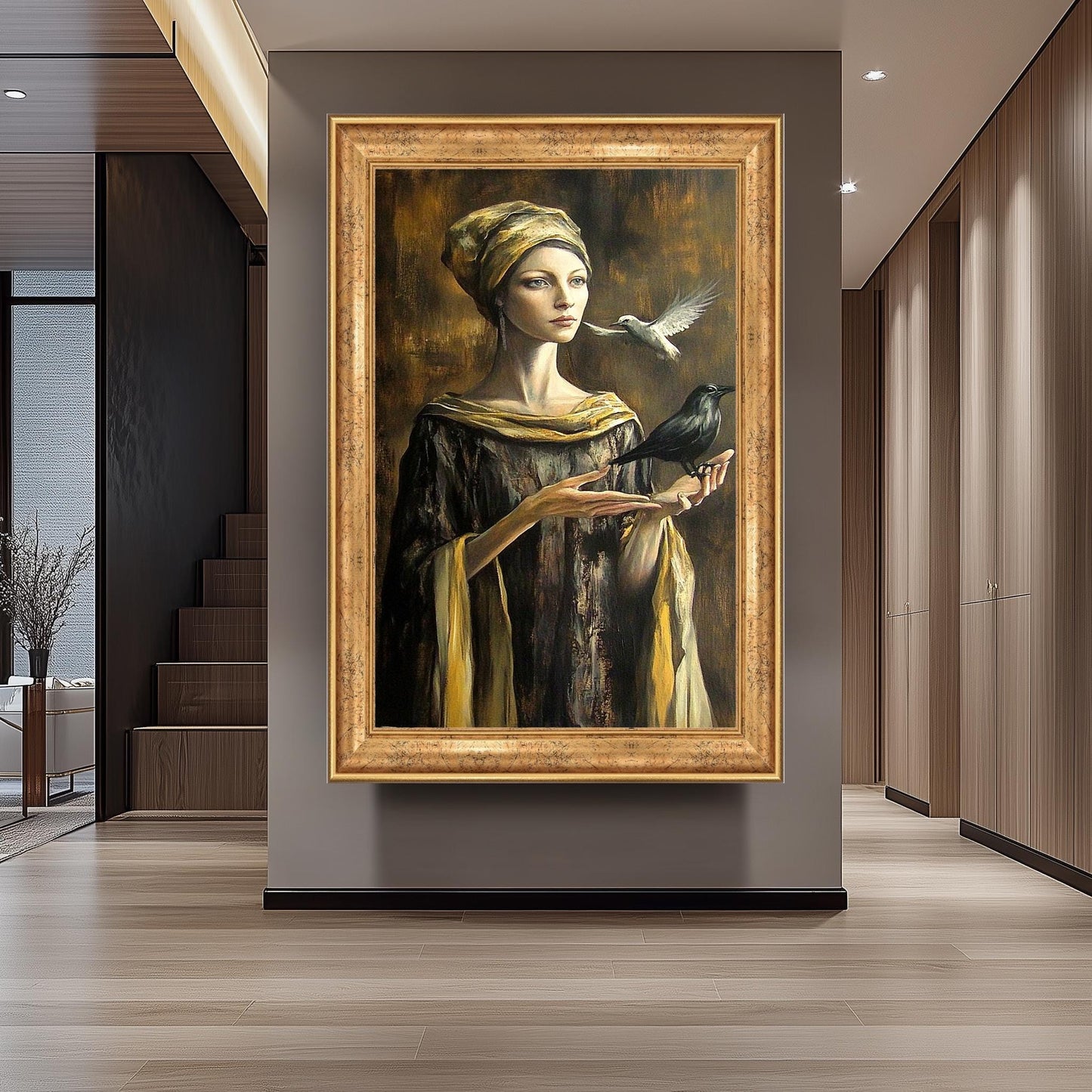 Mystical Woman Wall Art in Golden Robe with Crow and Dove | Surreal Fantasy Portrait with Symbolic Birds and Renaissance Elegance, Woman Art