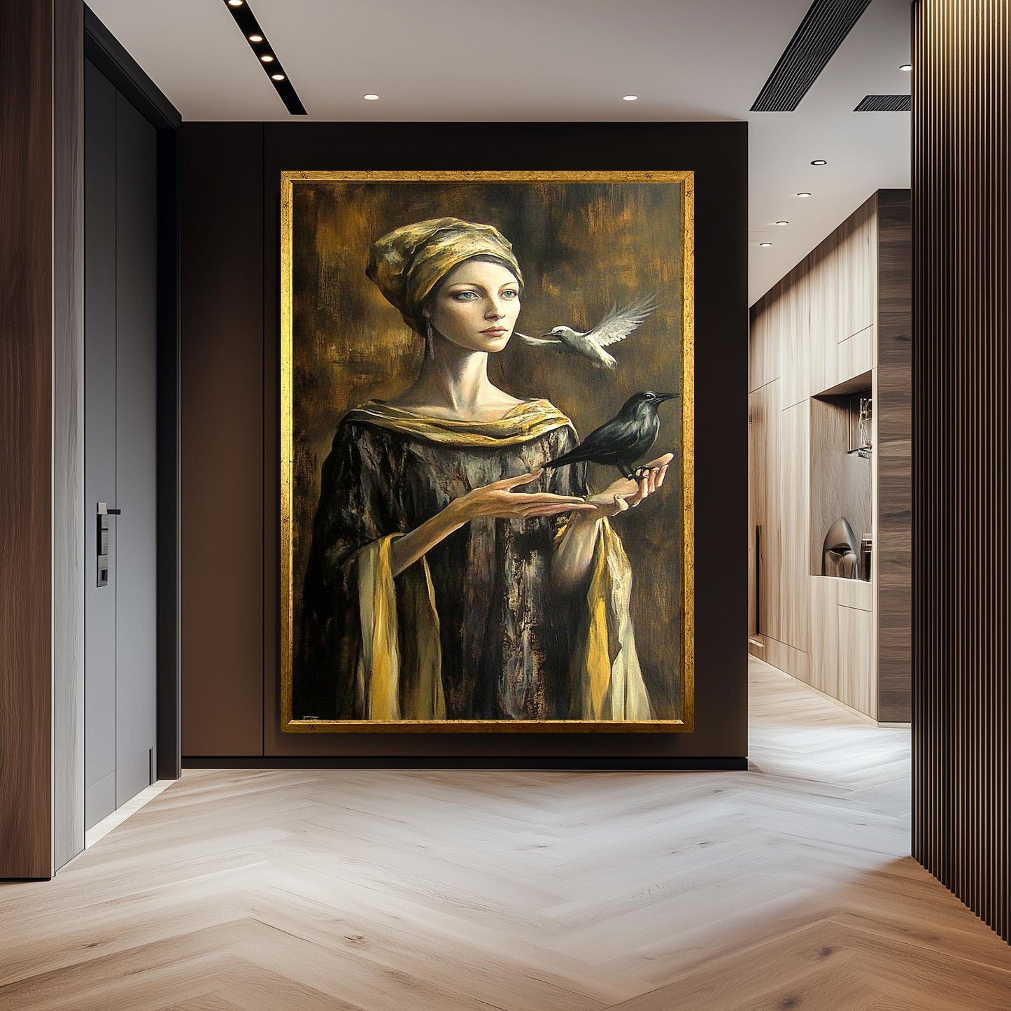 Mystical Woman Wall Art in Golden Robe with Crow and Dove | Surreal Fantasy Portrait with Symbolic Birds and Renaissance Elegance, Woman Art