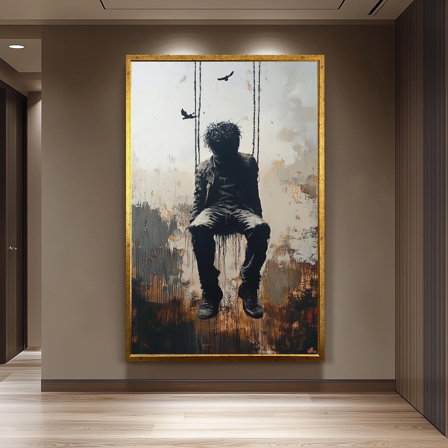 Surrealist Banksy-Style Street Art Print of a Man on Swing with Dark Abstract Mood, Urban Graffiti Inspired Modern Wall Decor Banksy Artwork