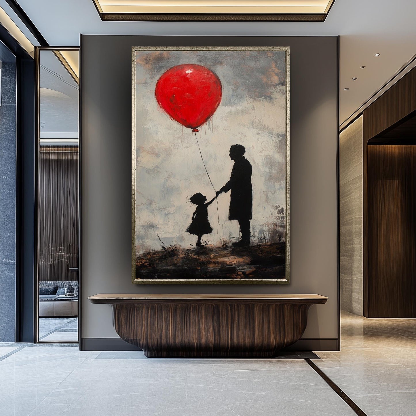 Banksy Inspired Street Art Canvas Print with Red Balloon and Child on Cliff, Modern Surreal Wall Art for Urban Contemporary Decor