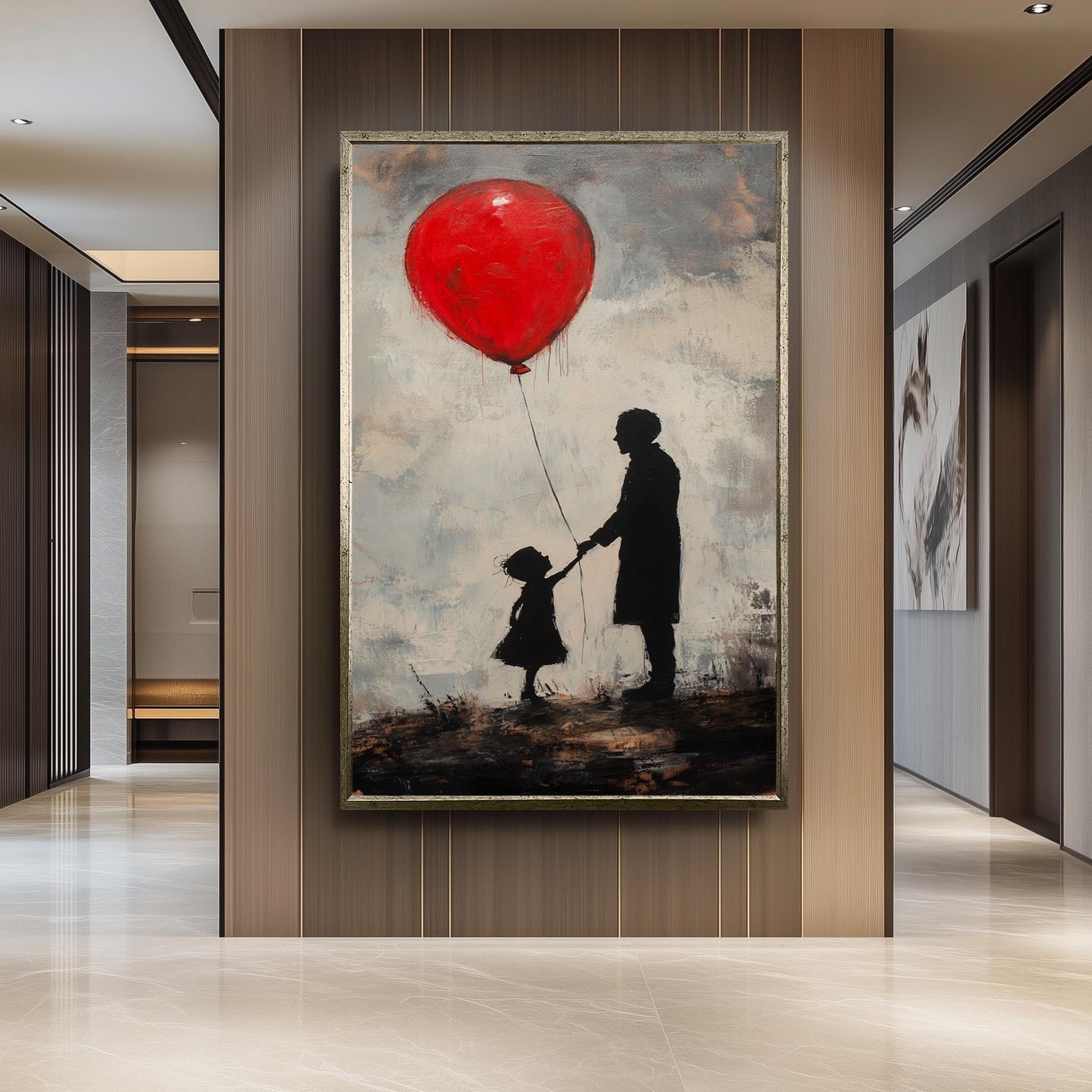 Banksy Inspired Street Art Canvas Print with Red Balloon and Child on Cliff, Modern Surreal Wall Art for Urban Contemporary Decor