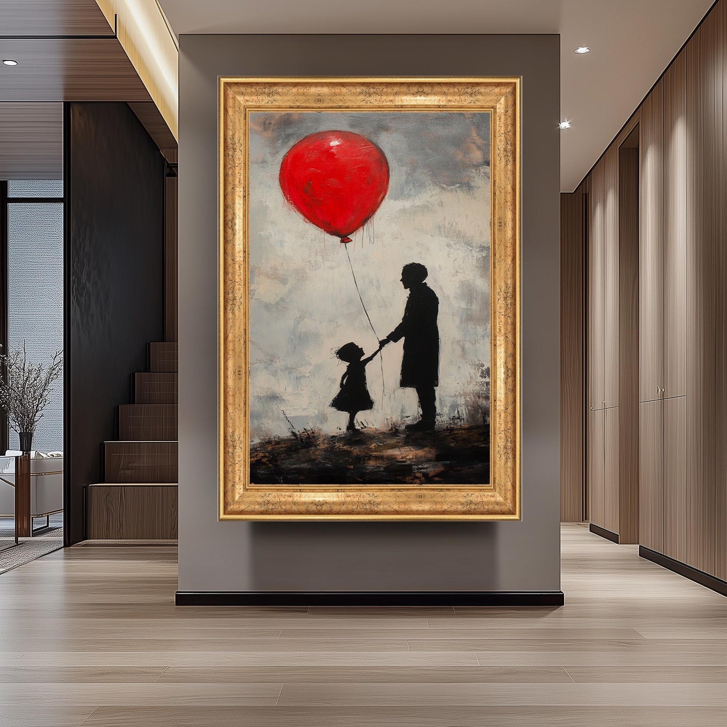 Banksy Inspired Street Art Canvas Print with Red Balloon and Child on Cliff, Modern Surreal Wall Art for Urban Contemporary Decor