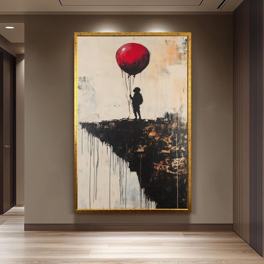 Surreal Banksy Style Wall Art Featuring Red Balloon and Child on Cliff Edge, Modern Urban Graffiti Canvas for Bold Home Décor Banksy Artwork