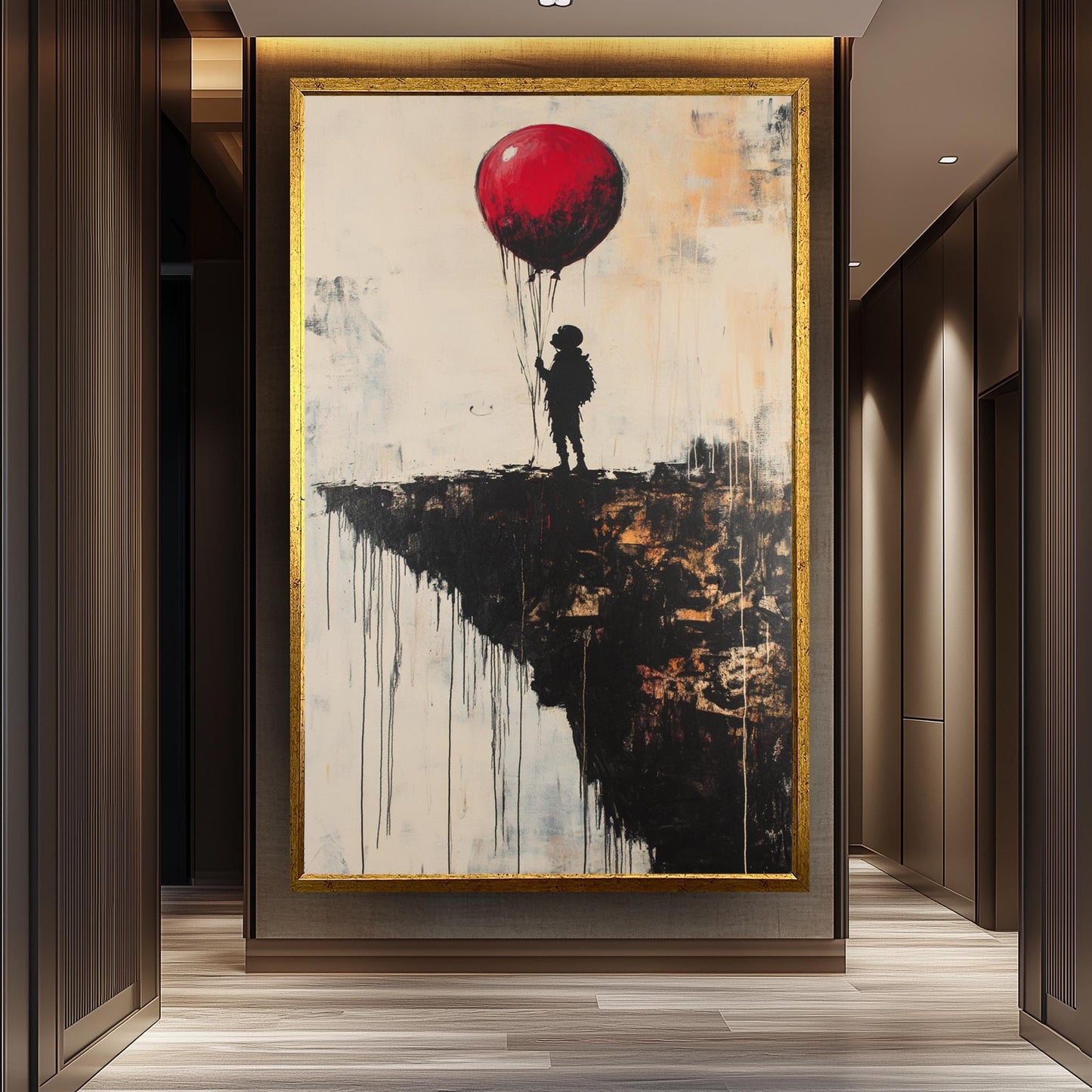 Surreal Banksy Style Wall Art Featuring Red Balloon and Child on Cliff Edge, Modern Urban Graffiti Canvas for Bold Home Décor Banksy Artwork