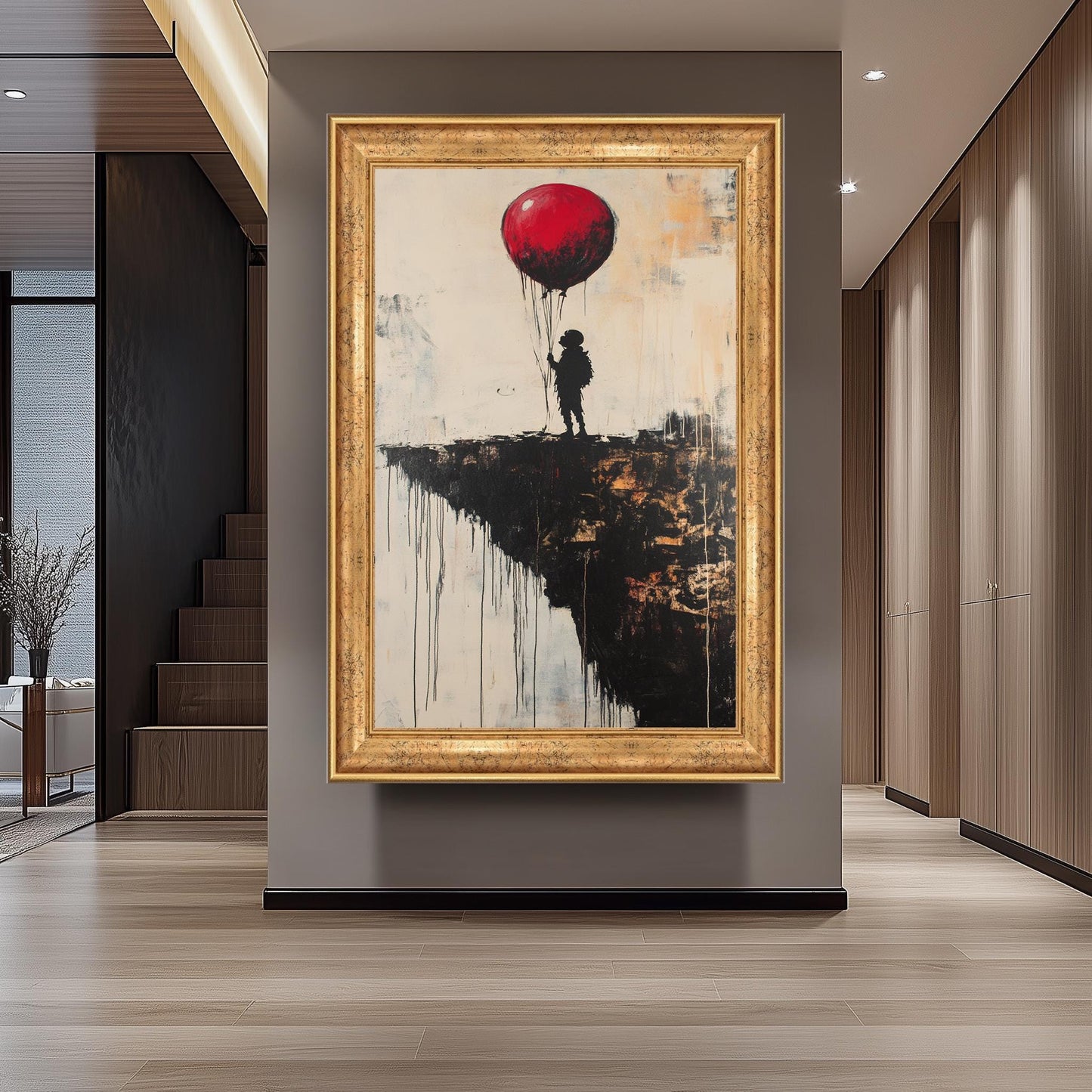 Surreal Banksy Style Wall Art Featuring Red Balloon and Child on Cliff Edge, Modern Urban Graffiti Canvas for Bold Home Décor Banksy Artwork