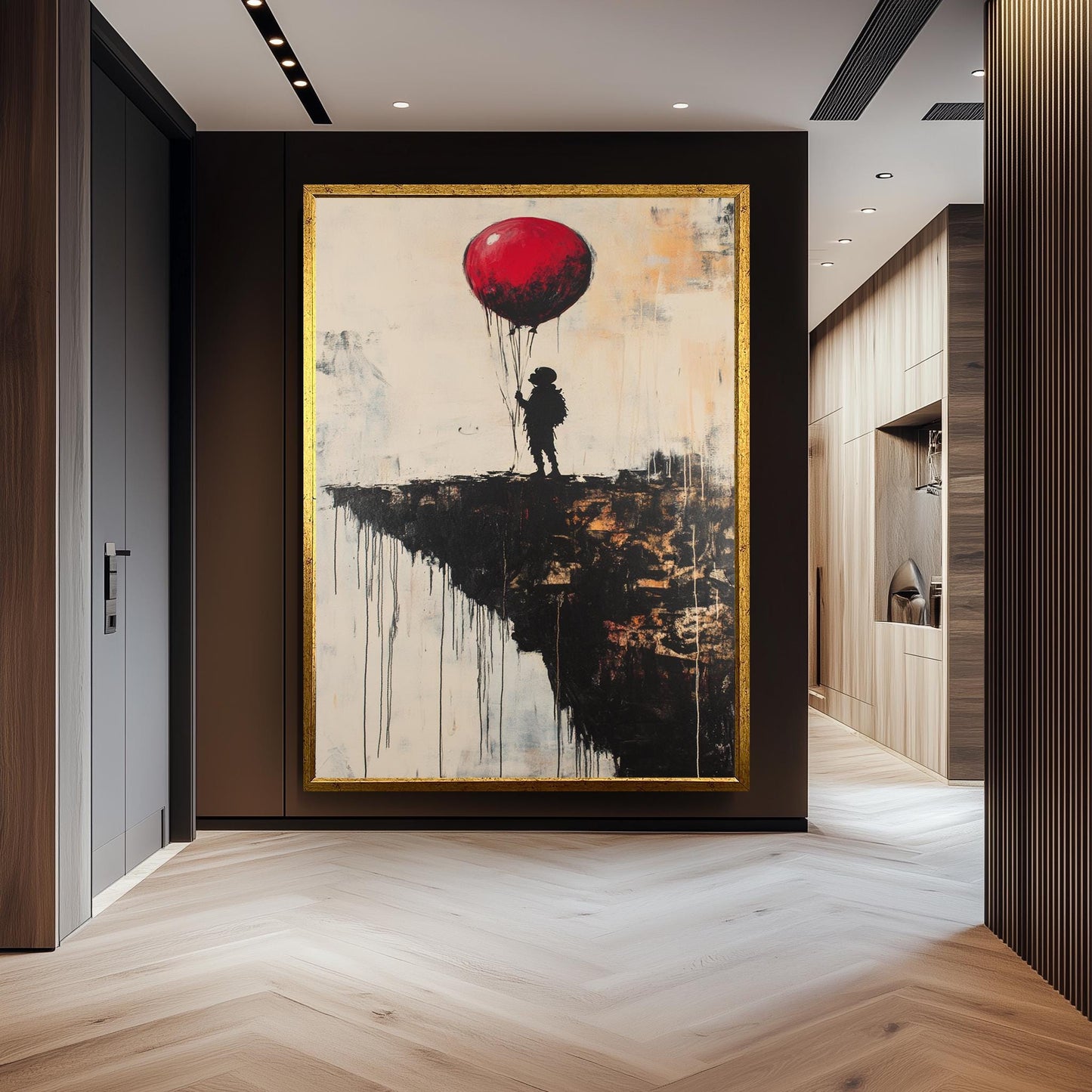Surreal Banksy Style Wall Art Featuring Red Balloon and Child on Cliff Edge, Modern Urban Graffiti Canvas for Bold Home Décor Banksy Artwork