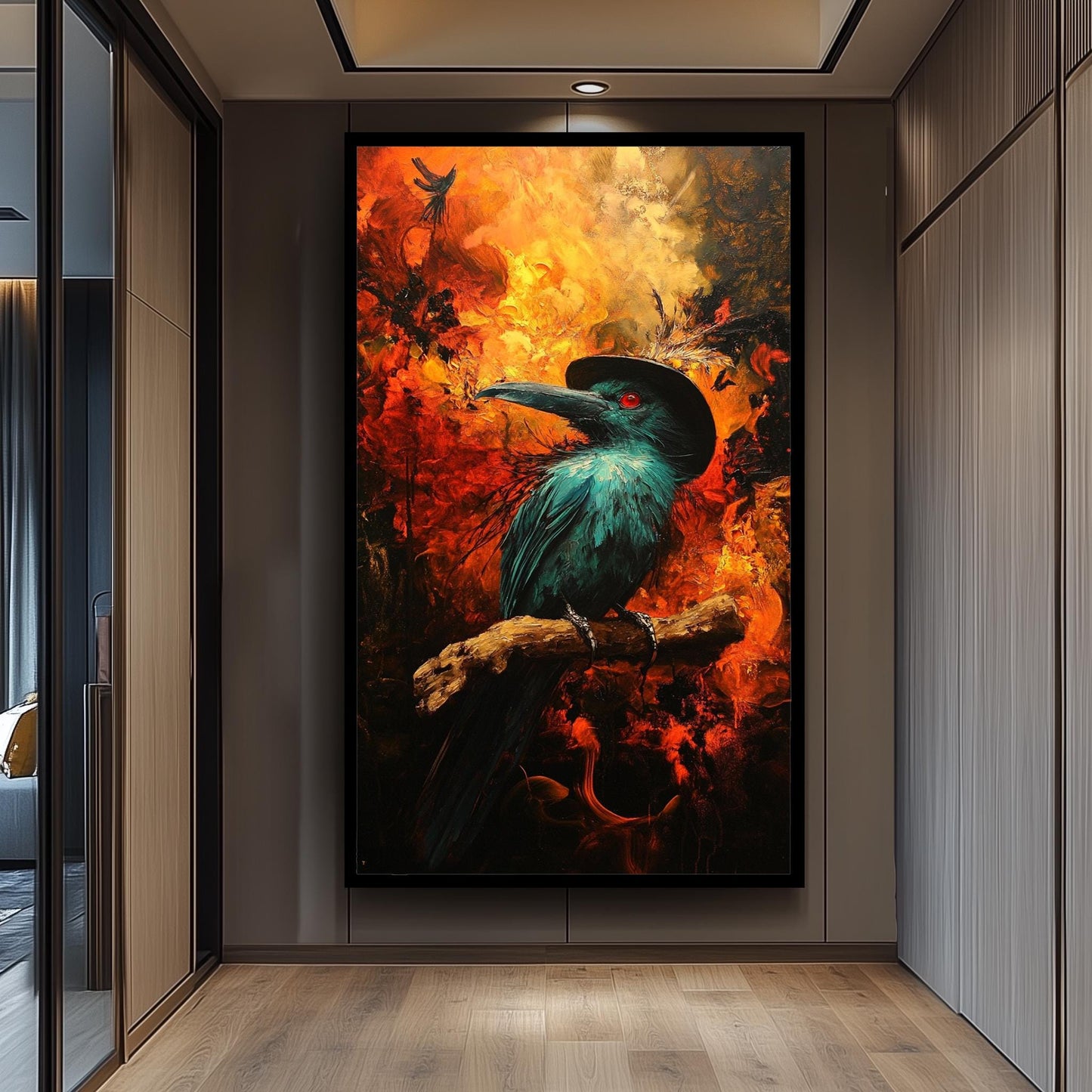 Mysterious Crow Art Print With Fire Background, Dark Fantasy Raven Wall Art, Gothic Bird Poster For Living Room Or Office Decor Crow Artwork