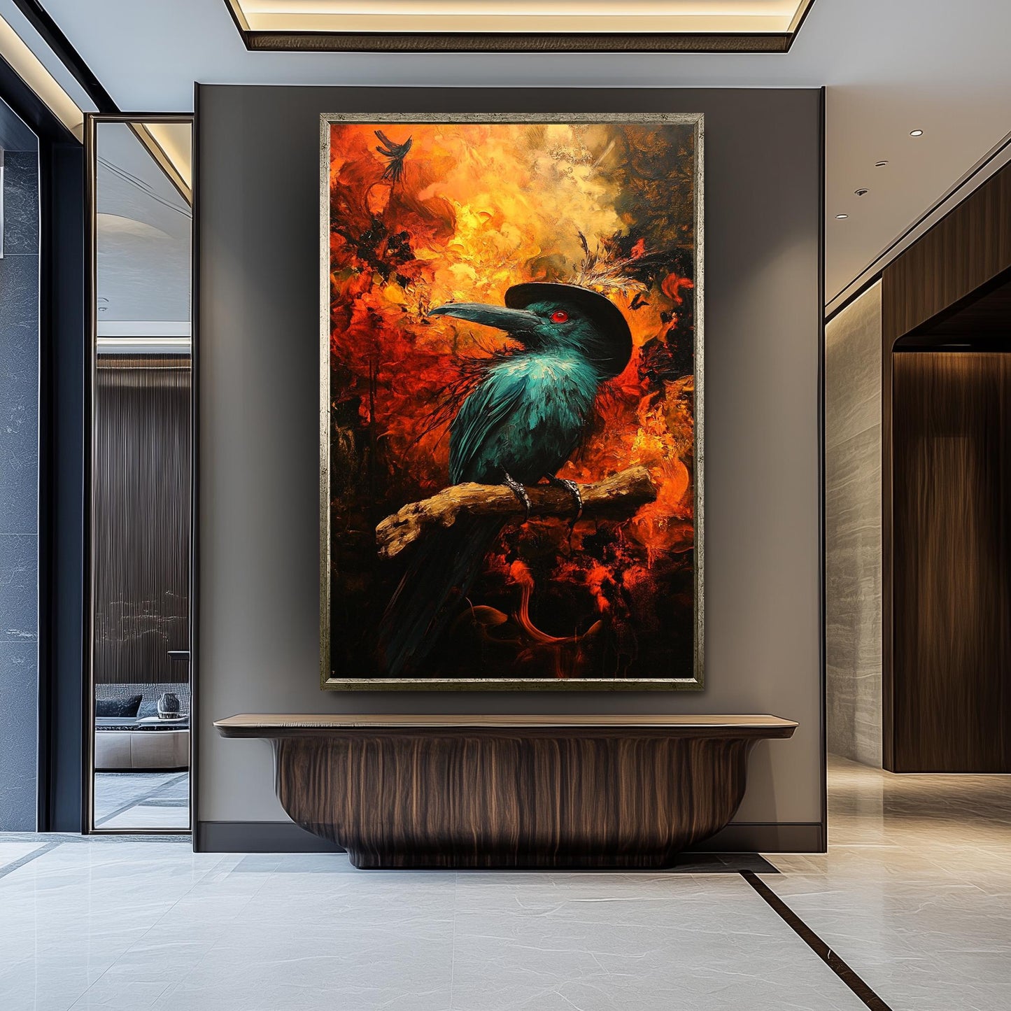 Mysterious Crow Art Print With Fire Background, Dark Fantasy Raven Wall Art, Gothic Bird Poster For Living Room Or Office Decor Crow Artwork