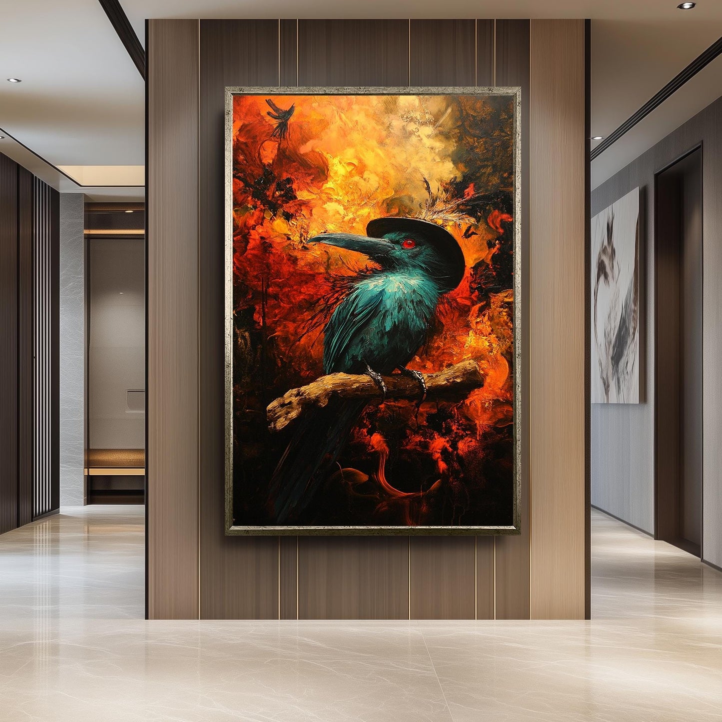 Mysterious Crow Art Print With Fire Background, Dark Fantasy Raven Wall Art, Gothic Bird Poster For Living Room Or Office Decor Crow Artwork