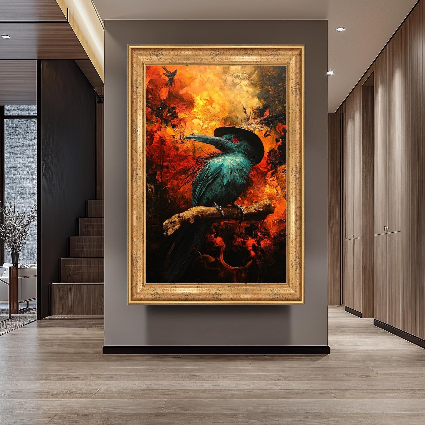 Mysterious Crow Art Print With Fire Background, Dark Fantasy Raven Wall Art, Gothic Bird Poster For Living Room Or Office Decor Crow Artwork