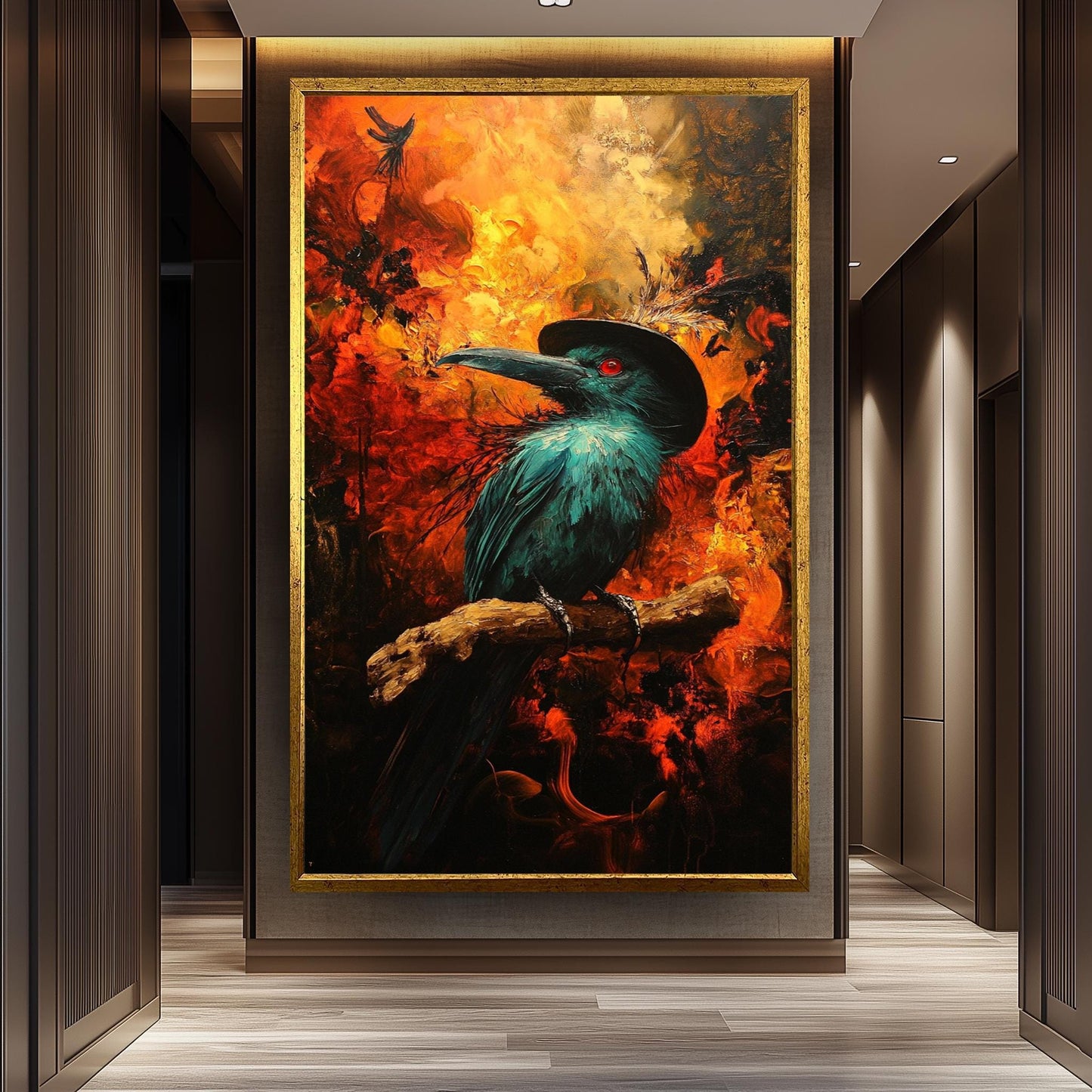 Mysterious Crow Art Print With Fire Background, Dark Fantasy Raven Wall Art, Gothic Bird Poster For Living Room Or Office Decor Crow Artwork