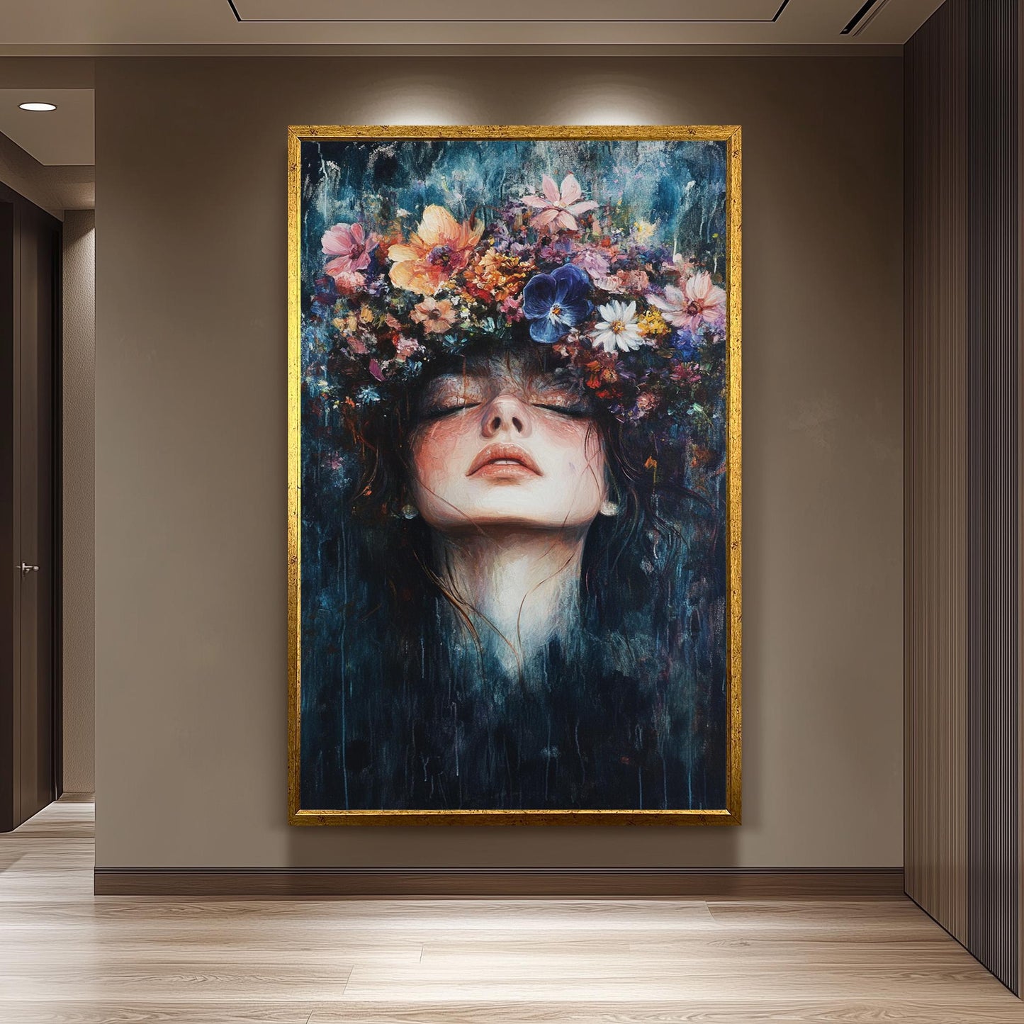 Surreal Woman Portrait: Floral Crown Canvas Art, Boho Home Decor