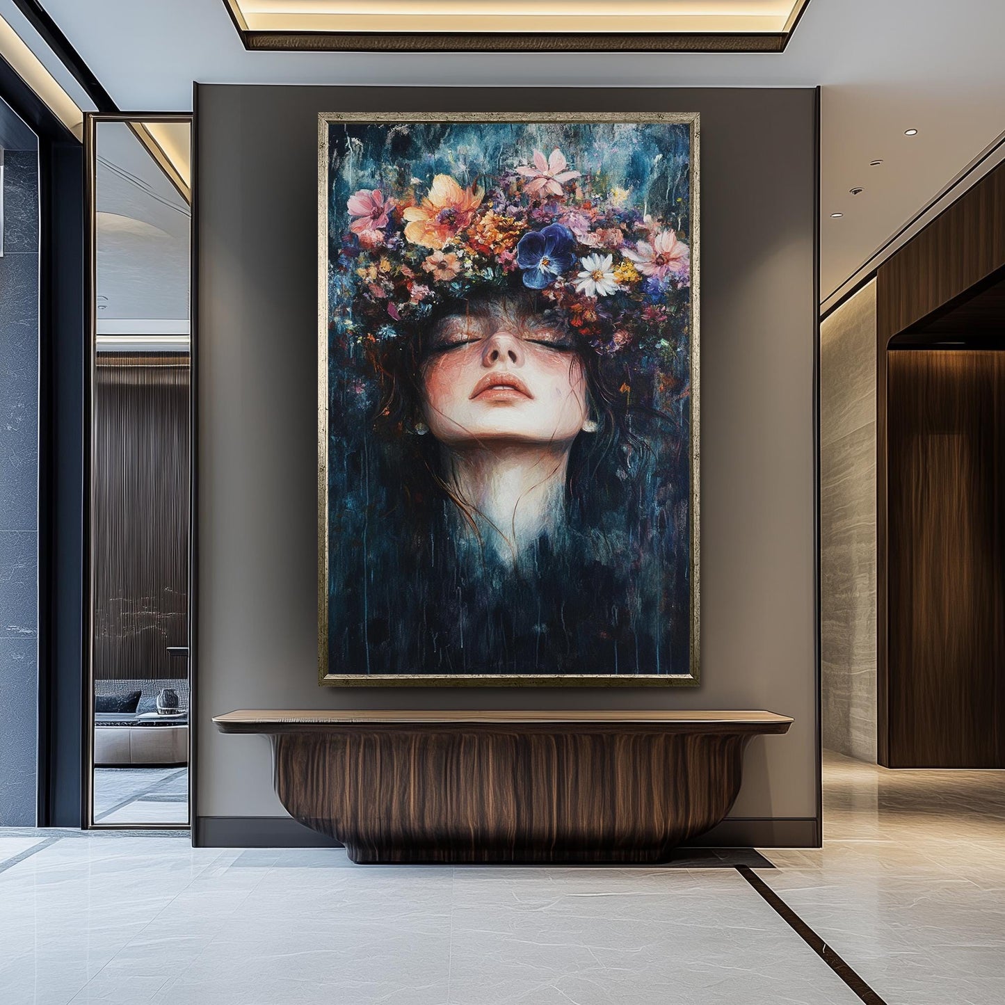 Surreal Woman Portrait: Floral Crown Canvas Art, Boho Home Decor