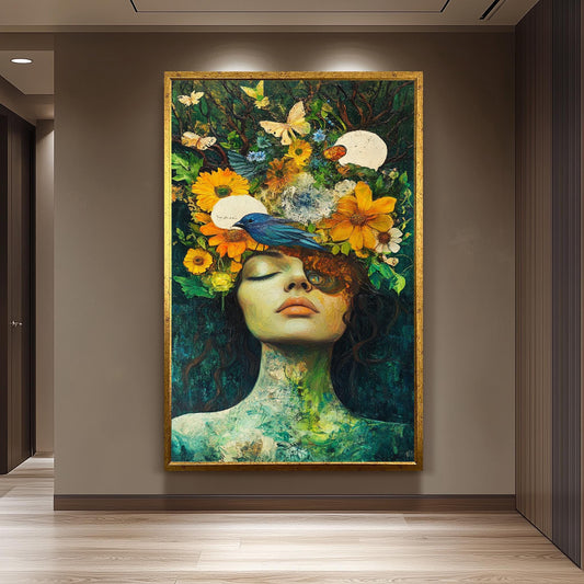 Surreal Woman Portrait With Bird And Flowers Wall Art, Nature Inspired Feminine Fantasy Painting For Whimsical And Boho Home Decor Woman Art