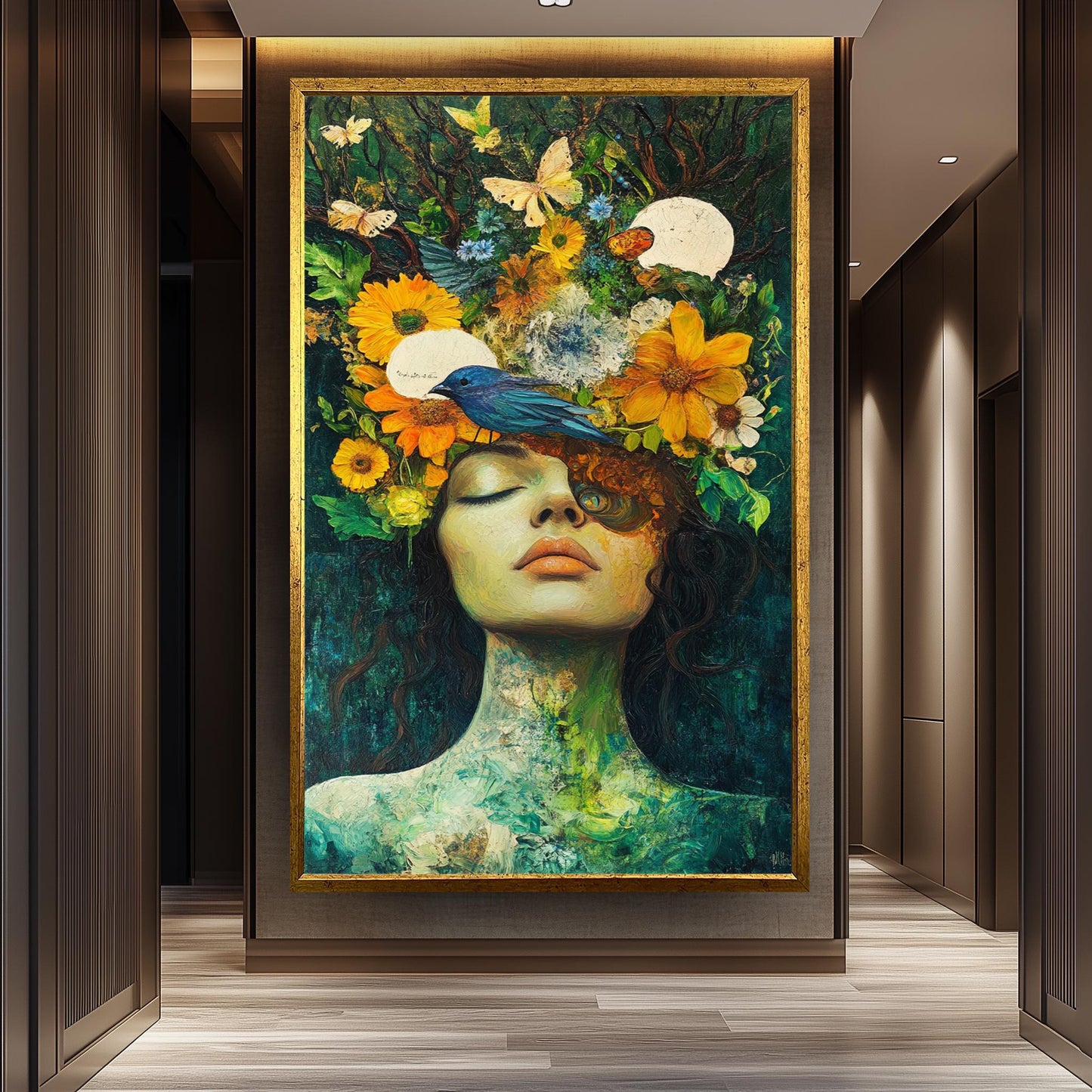 Surreal Woman Portrait With Bird And Flowers Wall Art, Nature Inspired Feminine Fantasy Painting For Whimsical And Boho Home Decor Woman Art