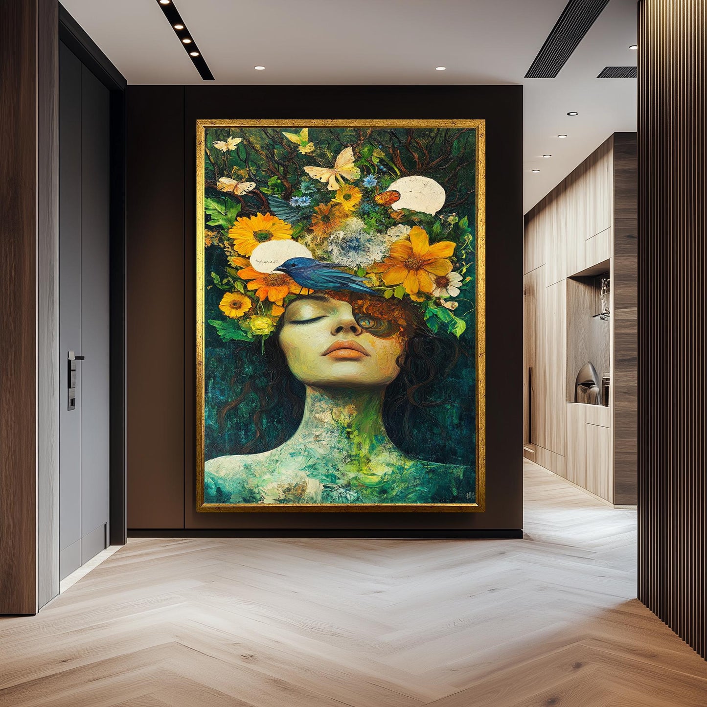Surreal Woman Portrait With Bird And Flowers Wall Art, Nature Inspired Feminine Fantasy Painting For Whimsical And Boho Home Decor Woman Art