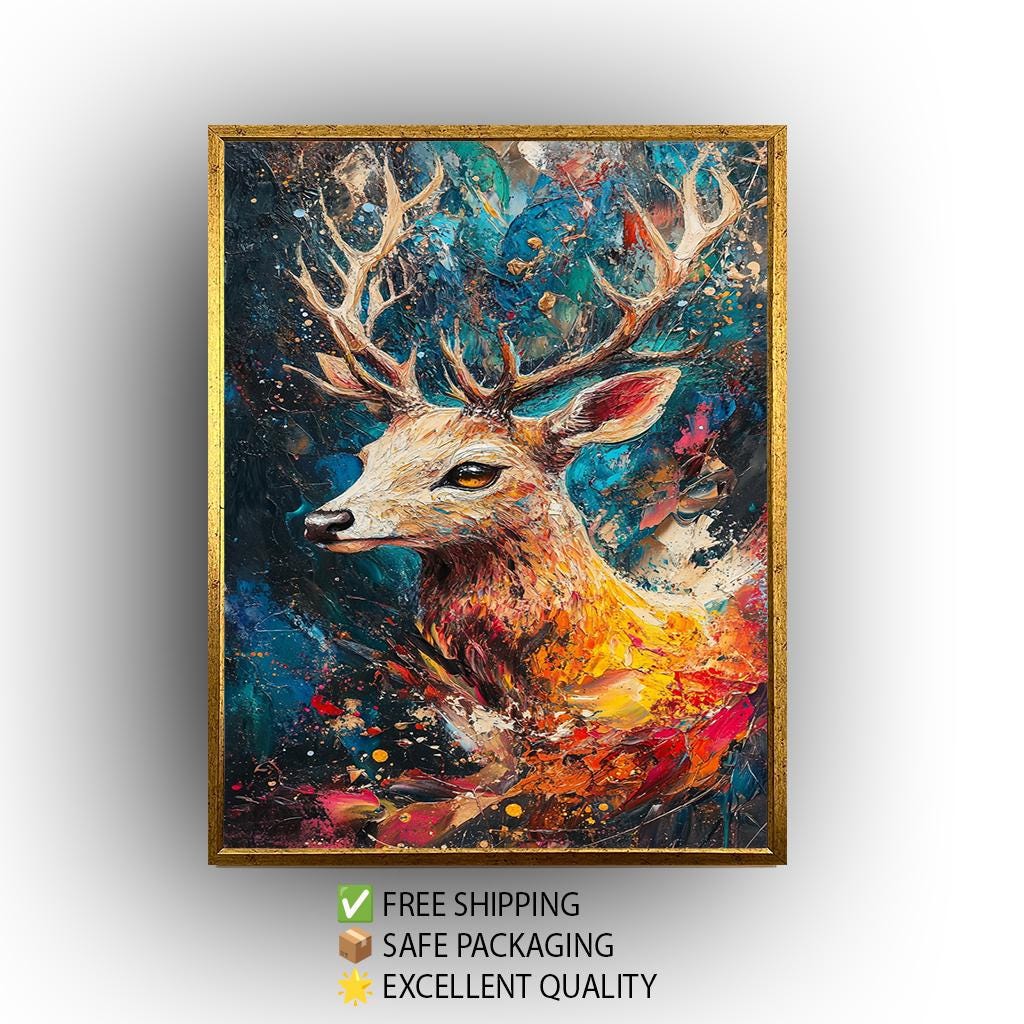 Colorful Deer Canvas Art: Abstract Wildlife Painting, Nature Lover Decor