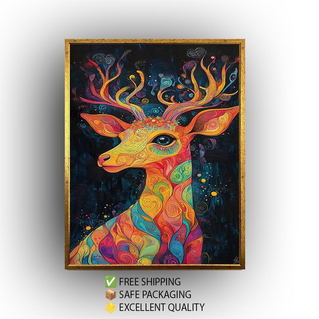 Psychedelic Deer Art Print: Colorful Swirls, Fantasy Forest Vibes