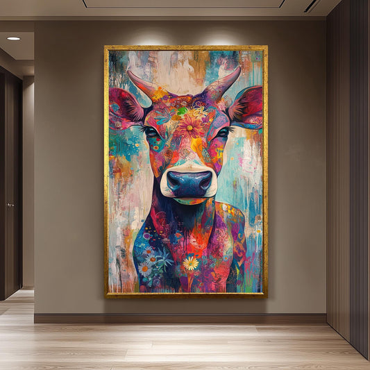 Floral Cow Wall Art: Colorful Farmhouse Animal Print