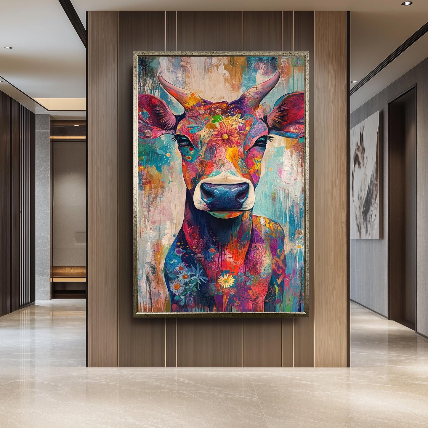 Floral Cow Wall Art: Colorful Farmhouse Animal Print