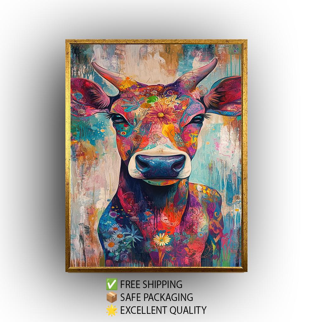 Floral Cow Wall Art: Colorful Farmhouse Animal Print