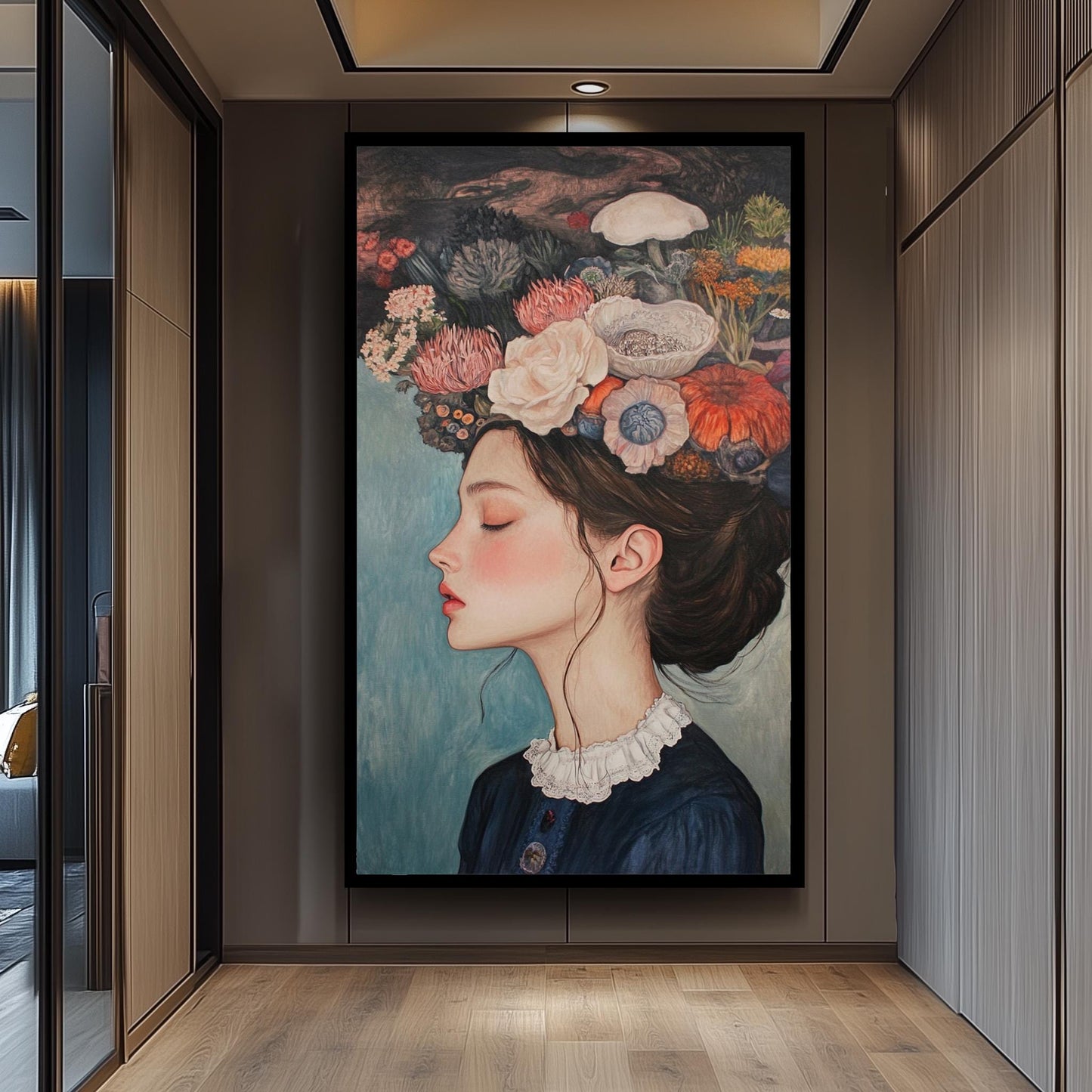 Surreal Floral Woman Portrait: Elegant Vintage Style Fine Art Print
