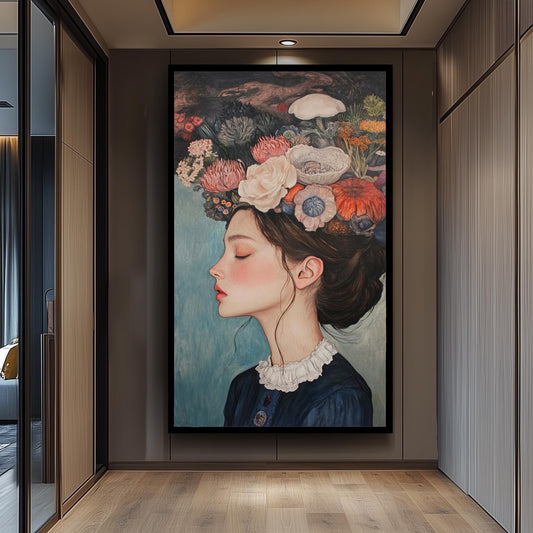 Surreal Floral Woman Portrait: Elegant Vintage Style Fine Art Print