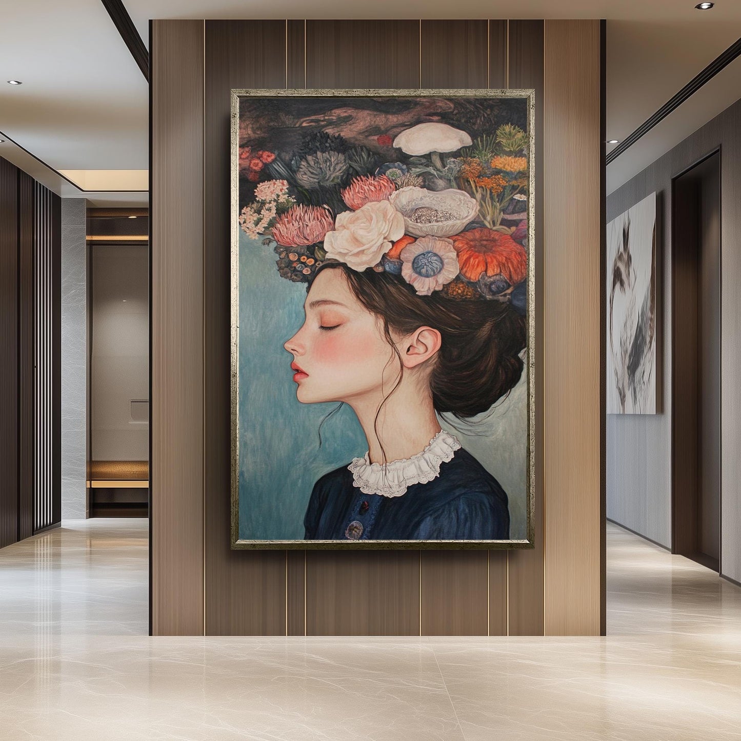 Surreal Floral Woman Portrait: Elegant Vintage Style Fine Art Print