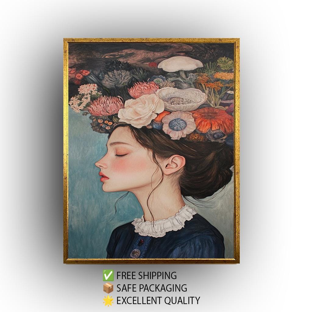 Surreal Floral Woman Portrait: Elegant Vintage Style Fine Art Print
